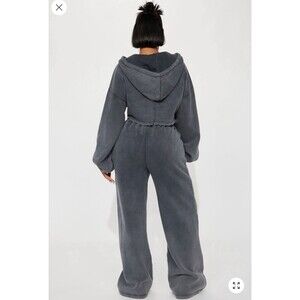 Fashion Nova On The Go Fleece Pant Set Charcoal Zip Up Hoodie Wide Leg Size M